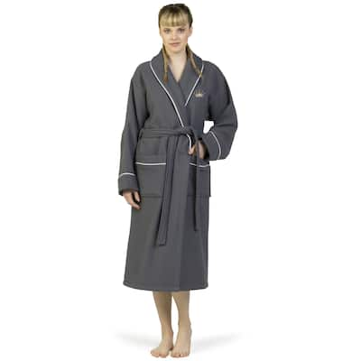 Authentic Hotel and Spa 100% Turkish Cotton Waffle Terry Bathrobe with Satin Piped Trim and Embroidered Cheetah Crown Design