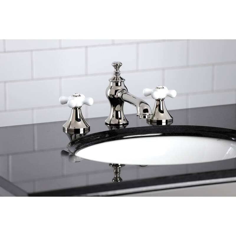 Kingston Brass Vintage Widespread Bathroom Faucet - Polished Nickel - Porcelain Cross Handles