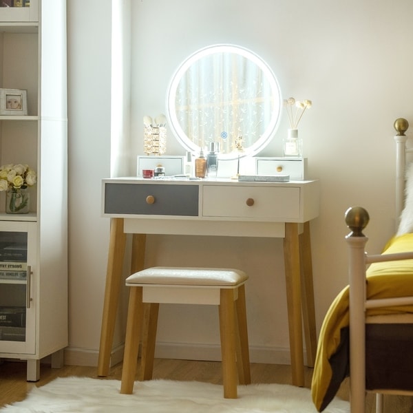 White Makeup Vanity Table Set Dresser w/ Stool Touch Led Lights Bedroom 