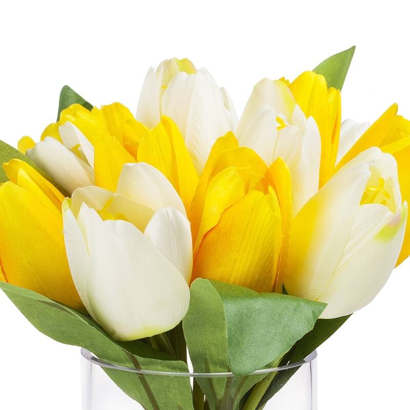Enova Home Artificial 18 Heads Fake Tulips Silk Flowers in Glass Vase with Faux Water for Home Wedding Decoration - N/A