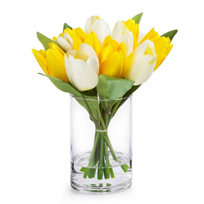 Enova Home Artificial 18 Heads Fake Tulips Silk Flowers in Glass Vase with Faux Water for Home Wedding Decoration - N/A - Yellow Cream