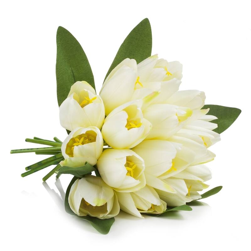 Enova Home Artificial 18 Heads Fake Tulips Silk Flowers in Glass Vase with Faux Water for Home Wedding Decoration - N/A