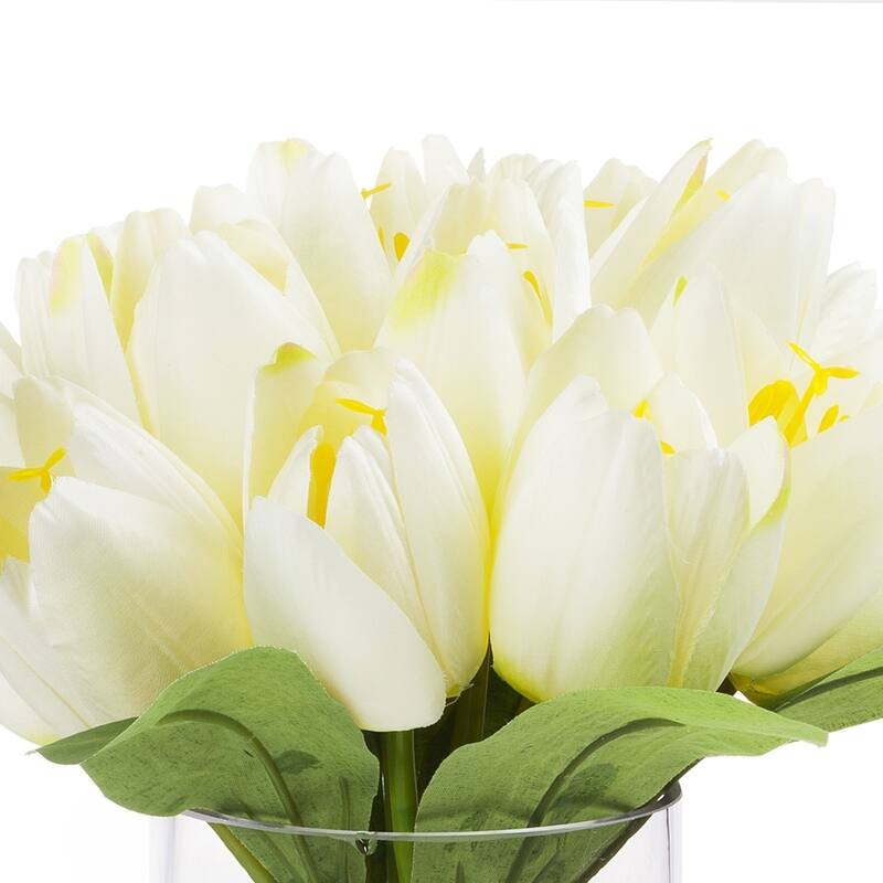 Enova Home Artificial 18 Heads Fake Tulips Silk Flowers in Glass Vase with Faux Water for Home Wedding Decoration - N/A