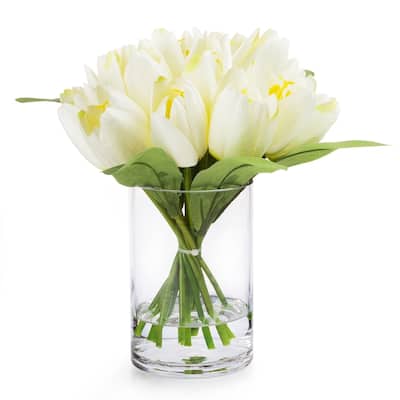 Enova Home Artificial 18 Heads Fake Tulips Silk Flowers in Glass Vase with Faux Water for Home Wedding Decoration - N/A