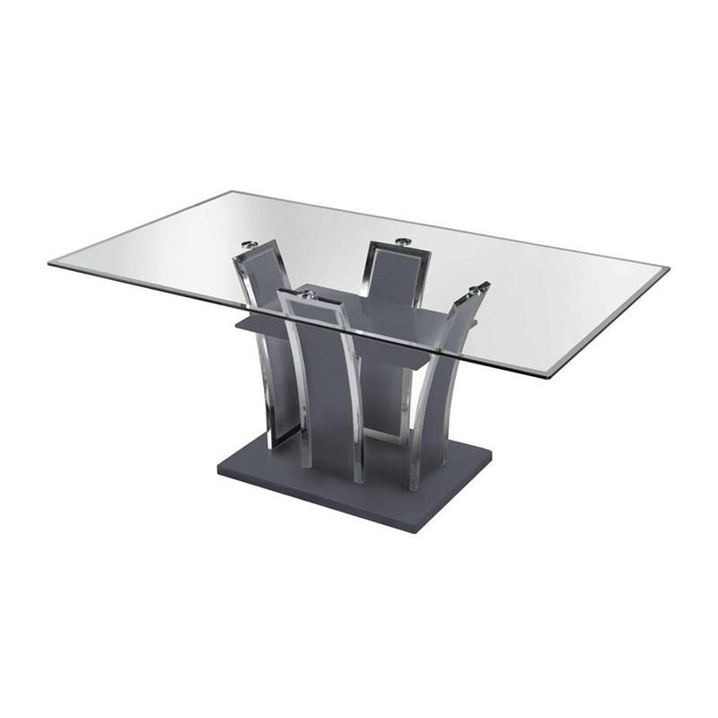 Wooden Dining Table with Pedestal Base and Chrome Trim Details, Gray