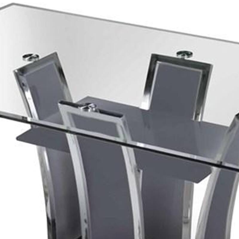 Wooden Dining Table with Pedestal Base and Chrome Trim Details, Gray