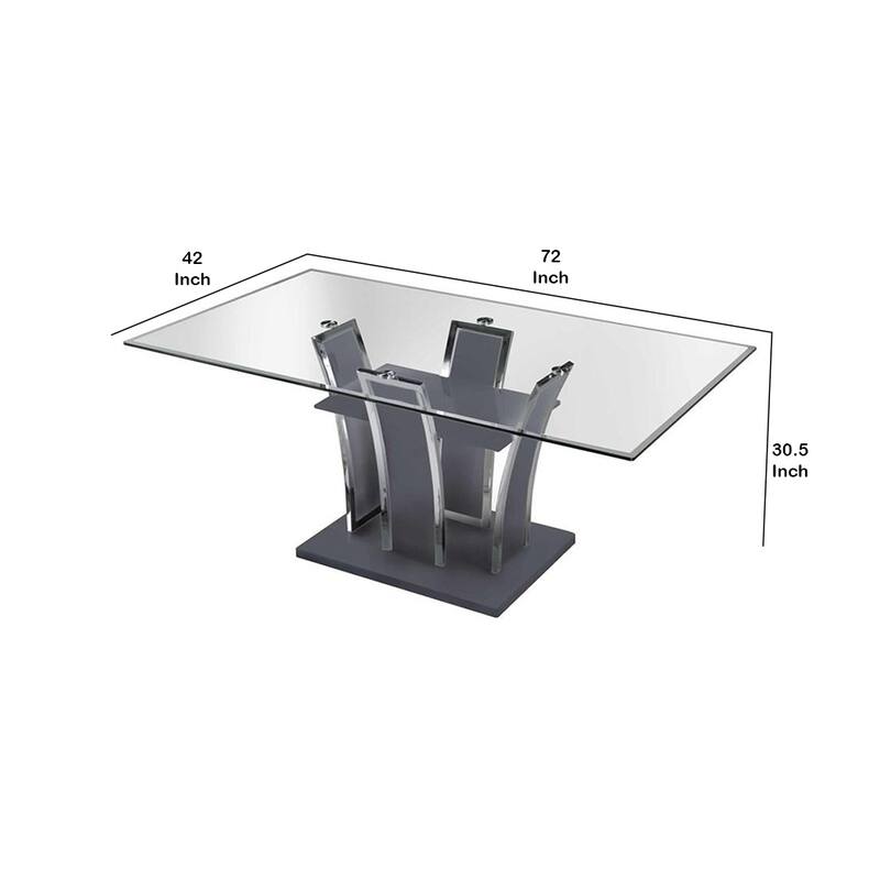 Wooden Dining Table with Pedestal Base and Chrome Trim Details, Gray