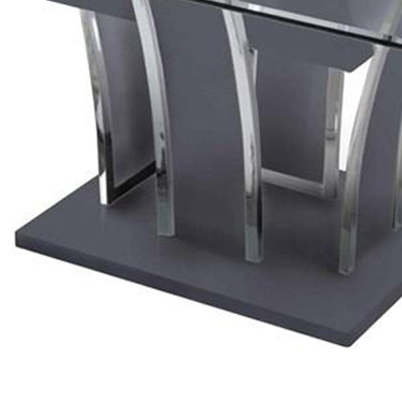 Wooden Dining Table with Pedestal Base and Chrome Trim Details, Gray