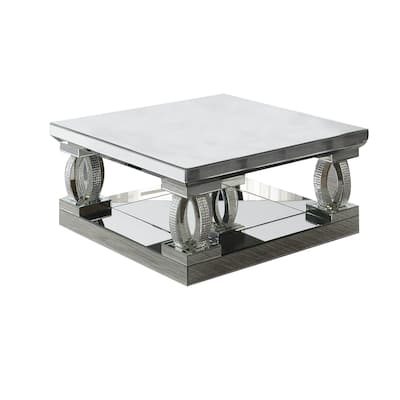 Wood and Mirror Coffee Table with Unique C Shaped Supports, Silver