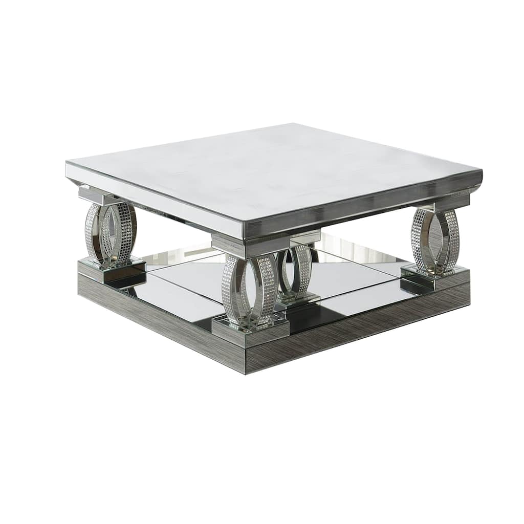 Wood and Mirror Coffee Table with Unique C Shaped Supports, Silver