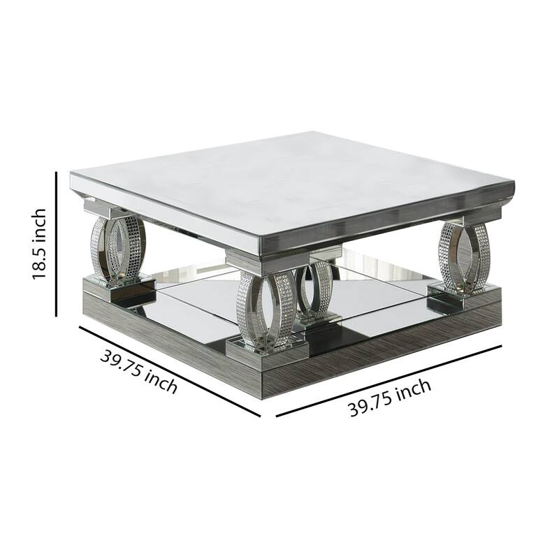 Wood and Mirror Coffee Table with Unique C Shaped Supports, Silver