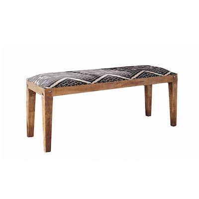 Fabric Upholstered Wooden Bench with Tapered Legs, Brown and Blue