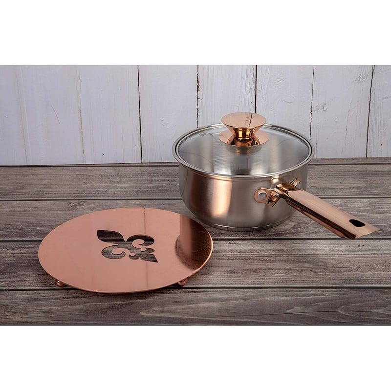 Creative Home 8" Copper Plated Metal Round Trivet with Fleur De Lis Motif