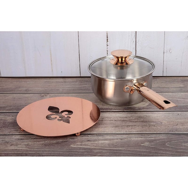 Creative Home 8" Copper Plated Metal Round Trivet with Fleur De Lis Motif