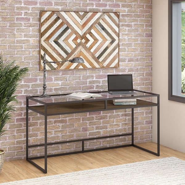 Anthropology 60W Glass Top Writing Desk with Shelf by Bush Furniture