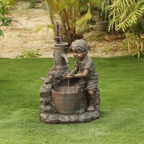 Bronze Resin Child and Farmhouse Water Pump Outdoor Fountain