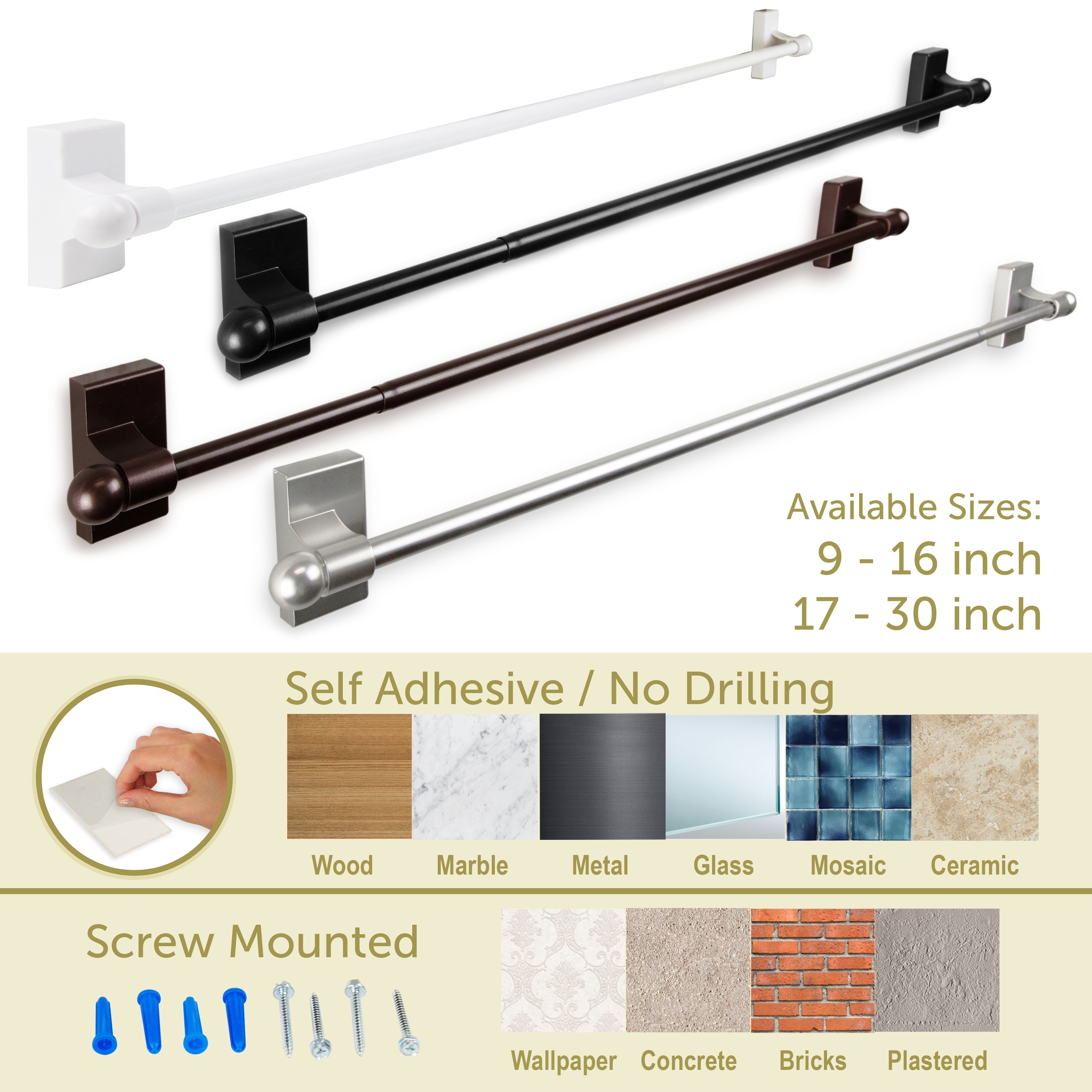 InStyleDesign Self-adhesive or Wall Mounted Rod 9-16 inch(Set of 2) - 9-16  inches