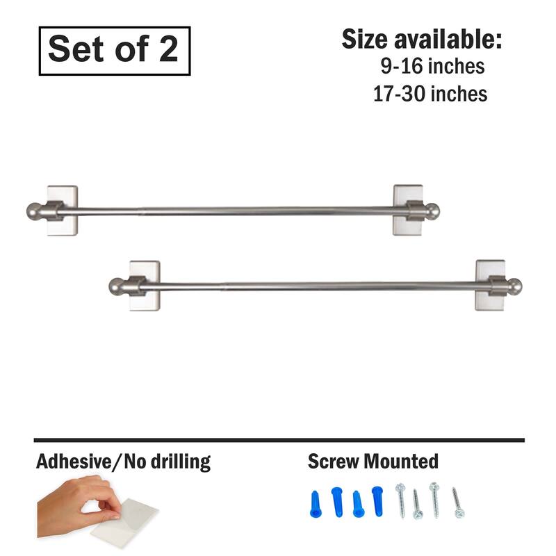 InStyleDesign Self-adhesive or Wall Mounted Rod 17-30 inch (Set of 2) - 17-30 inches - Satin Nickel