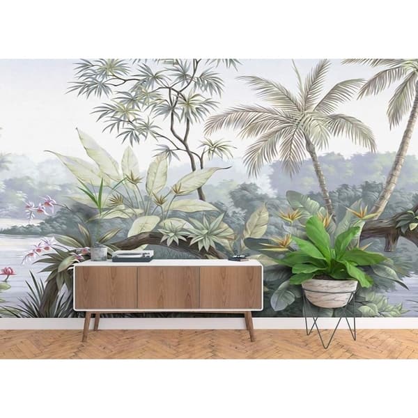 Jungle Tropical Rainforest Wallpaper Trees Flowers Floral Bamboo Green  Vinyl