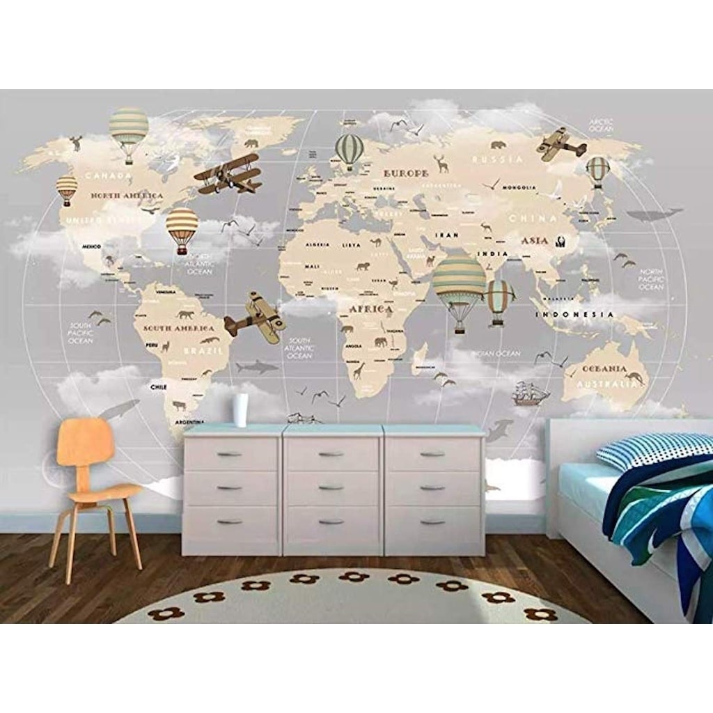 Shop Vintage World Map Hot Air Balloon Textile Wallpaper Overstock 30920322