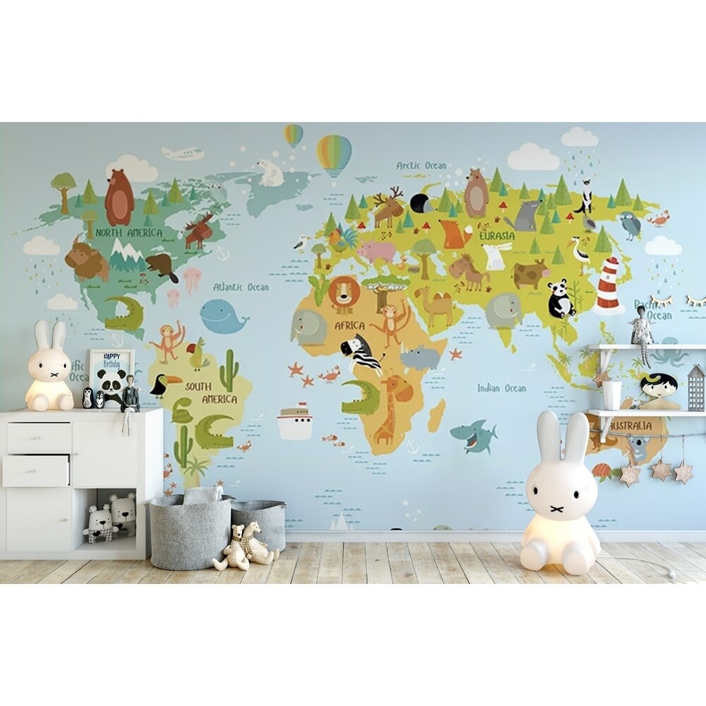 GandK HOME DECOR Colorful World Map Animals Textile Wall Paper