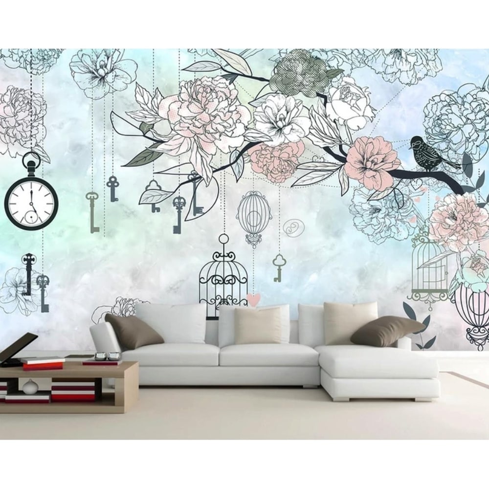 GandK HOME DECOR Flowers Keys Cages Birds Textile Wallpaper (H:106 inch x W:187 inch)