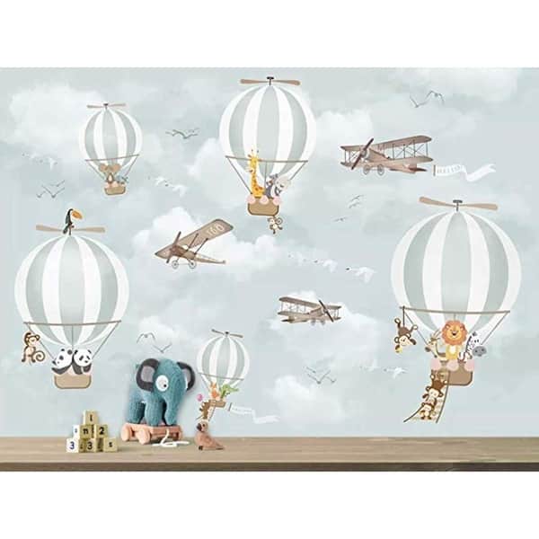 slide 2 of 5, GK Wall Design Hot Air Balloon Animals and Airplane Wallpaper
