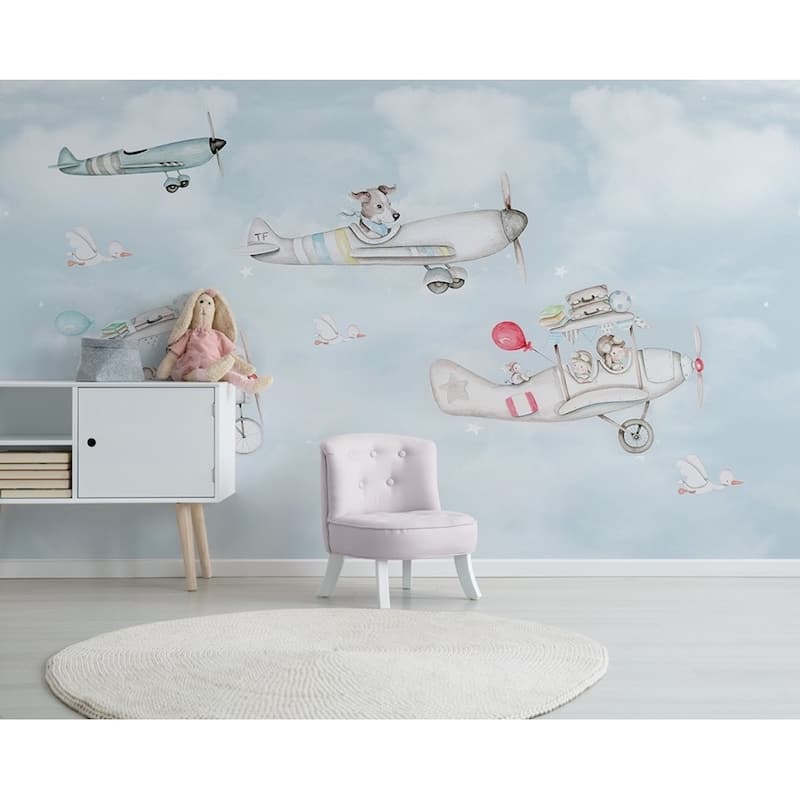 Cartoon Aircraft Sky Landscape Textile Kids Wallpaper - Bed Bath ...