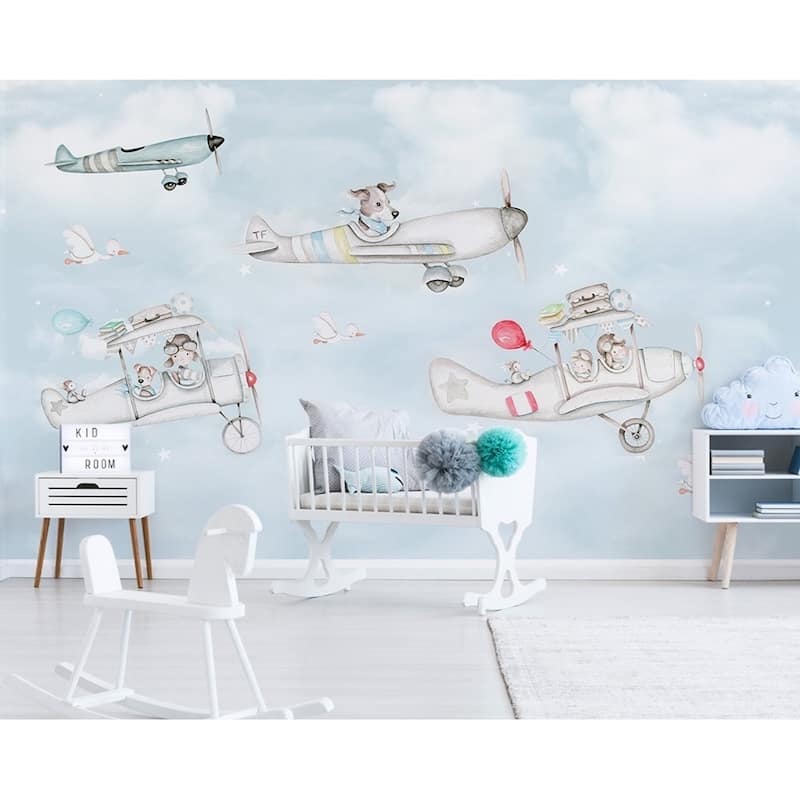 Cartoon Aircraft Sky Landscape Textile Kids Wallpaper - Bed Bath ...