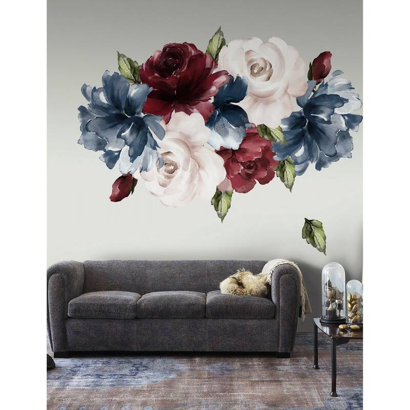 Dark Blue Peony Red and Pink Rose Floral Wall Decal