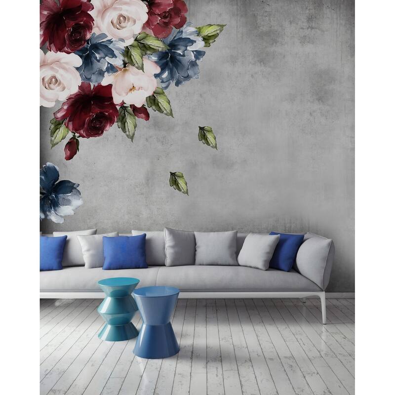 Dark Blue Peony Red and Pink Rose Floral Wall Decal