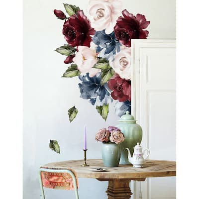 Dark Blue Peony Red and Pink Rose Floral Wall Decal