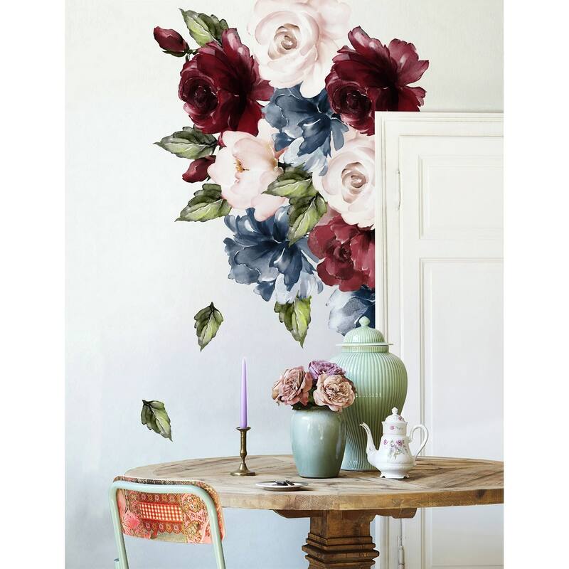 Dark Blue Peony Red and Pink Rose Floral Wall Decal