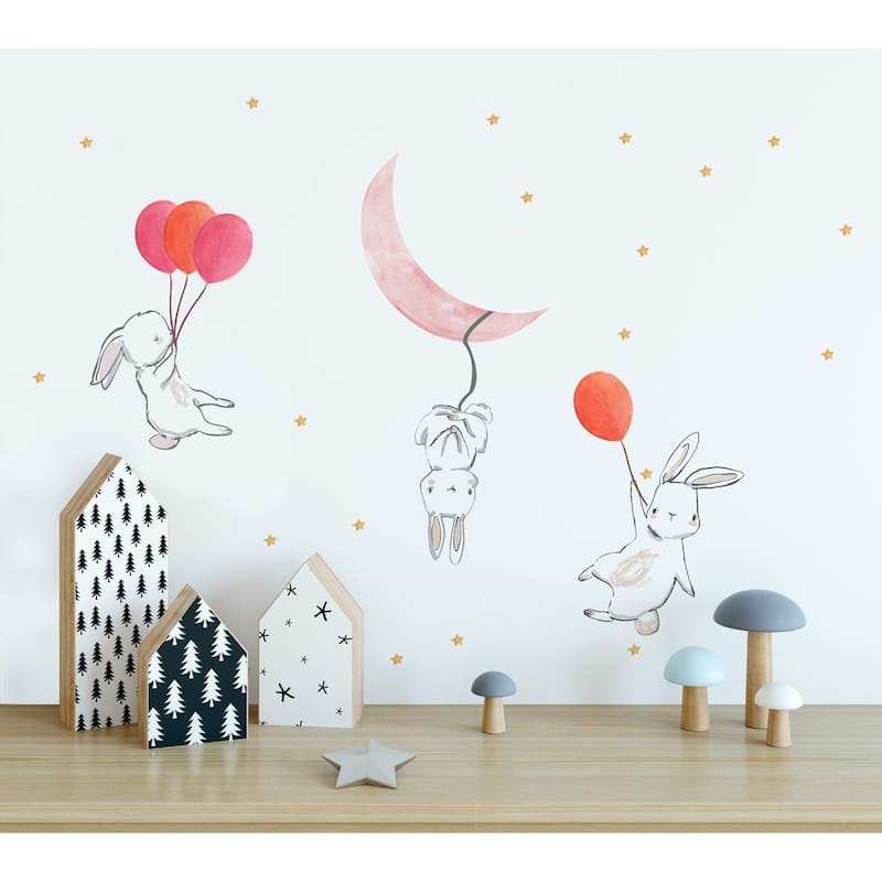 Cute Cartoon Bunny, Moon and Stars Wall Sticker