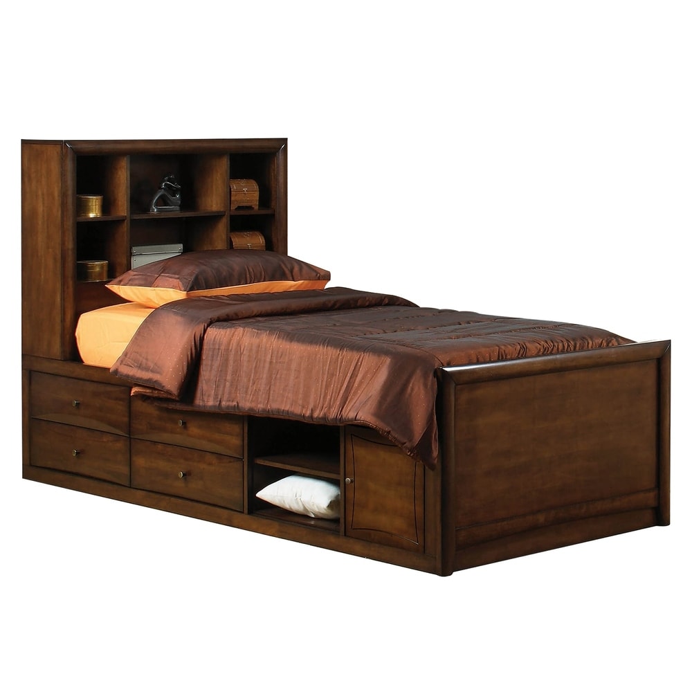 Overstock Wooden Twin Size Bed with Headboard and Under Bed Storage Unit, Brown