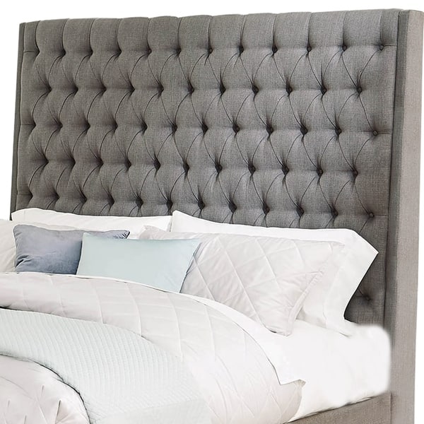 Benzara BM206628 Wooden Eastern King Size Bed with Diamond Button Tufted Details Gray