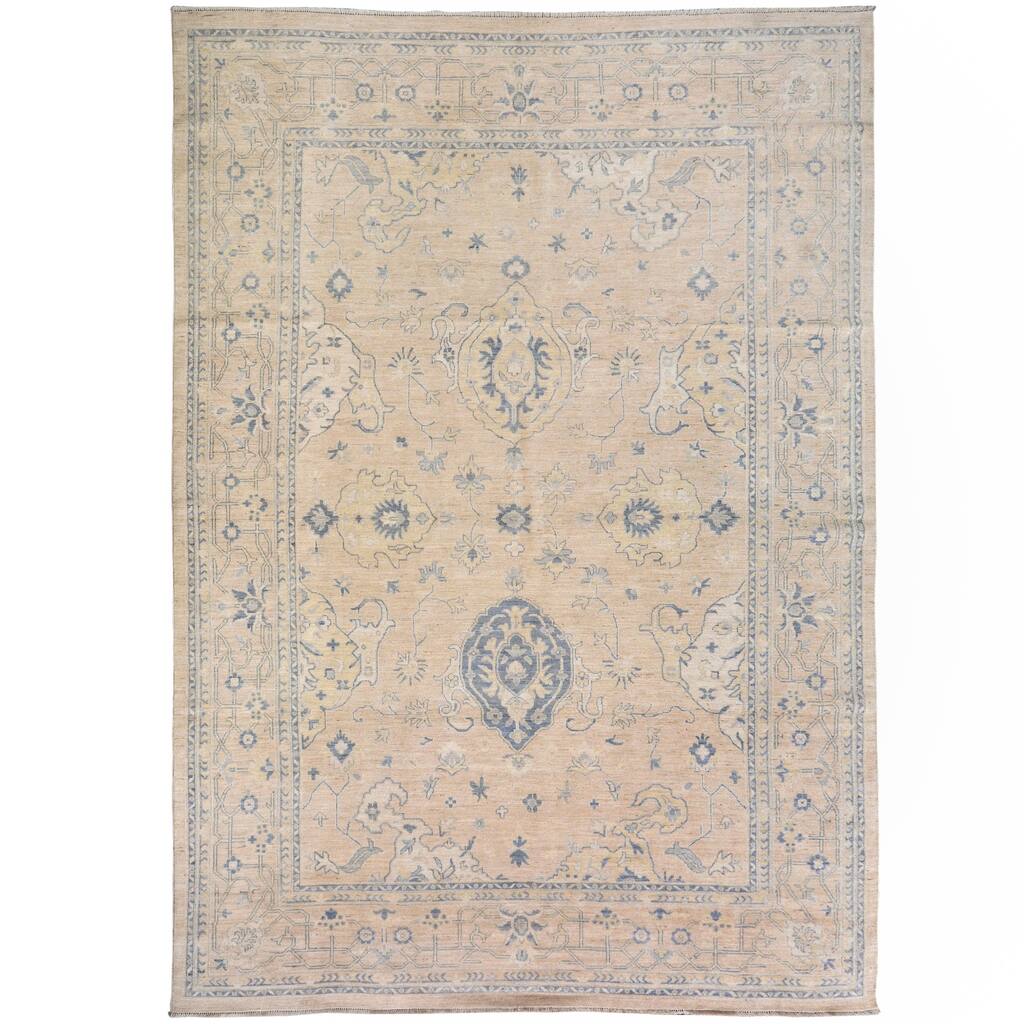 Muted Floral Oushak Turkish Area Rug Hand-Knotted Living Room Carpet - 9'8" x 13'3"