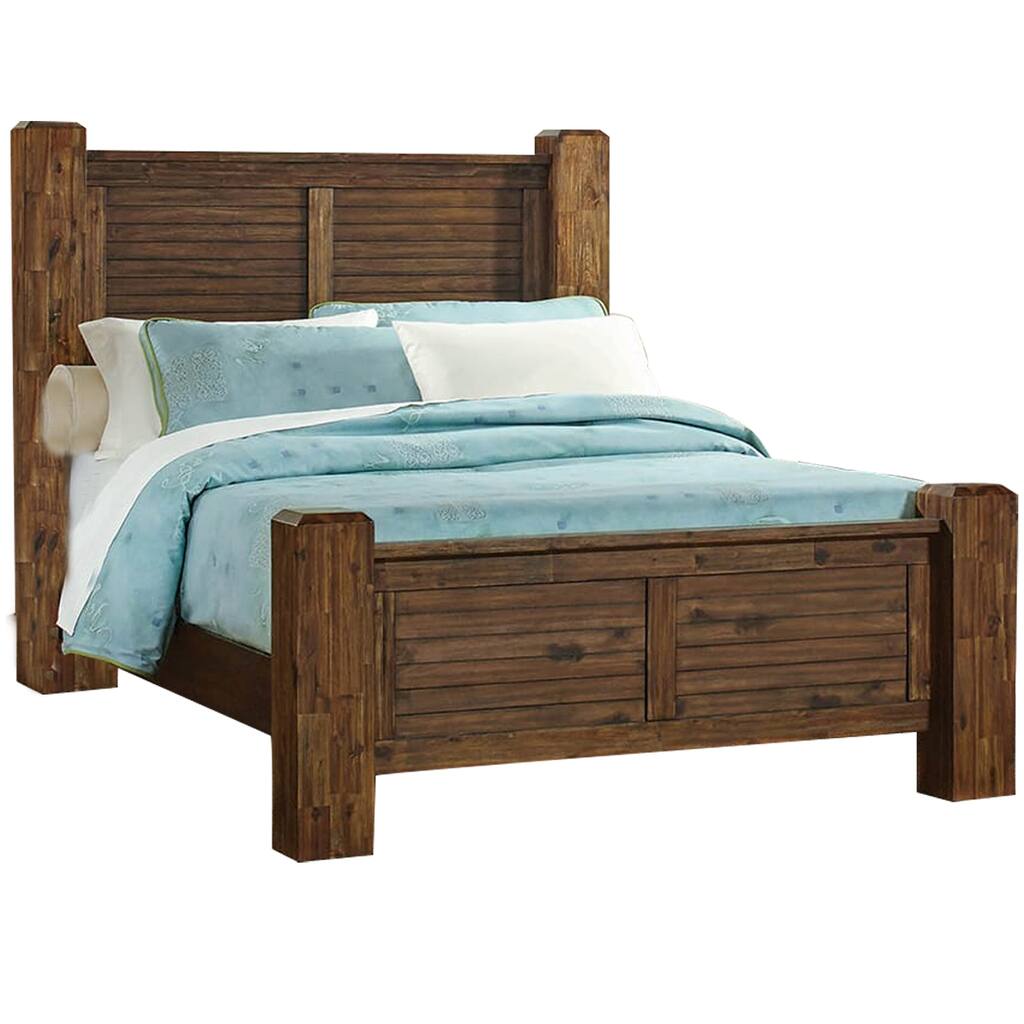 Wooden California King Size Bed with Louvered Headboard and Footboard,Brown