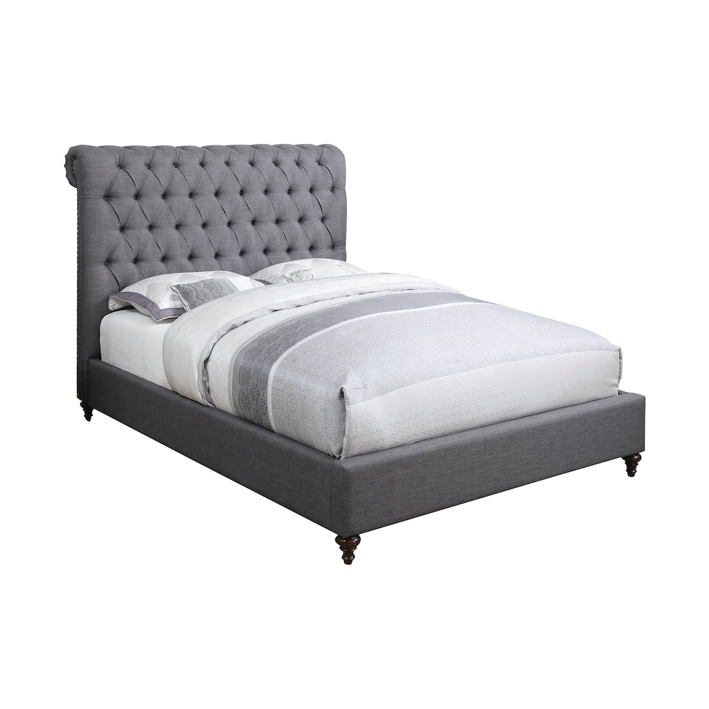 Wooden California King Size Bed with Button Tufted Headboard, Gray