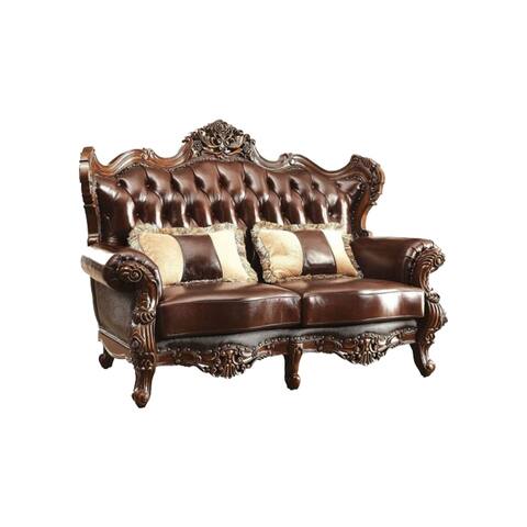 71 Inch Traditional Loveseat, Tufted Back, Intricate Carvings, Cherry Brown