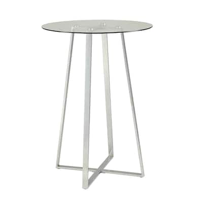 Round Glass Top Metal Frame Bar Table with Angled Legs, Silver and Clear