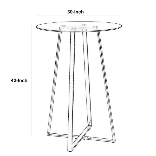 Round Glass Top Metal Frame Bar Table with Angled Legs, Silver and Clear