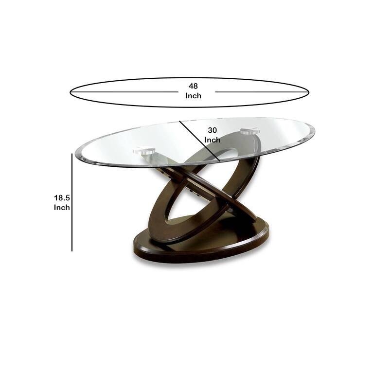 Oval Glass Top Coffee Table with Cross Oval Base, Brown and Clear