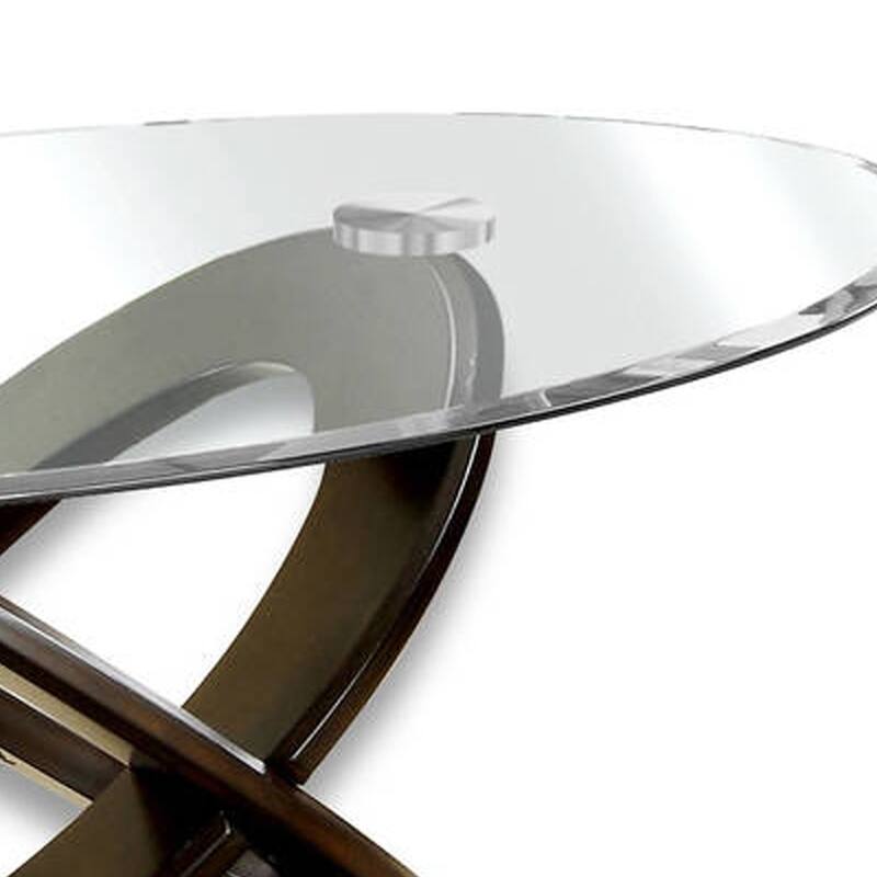 Oval Glass Top Coffee Table with Cross Oval Base, Brown and Clear