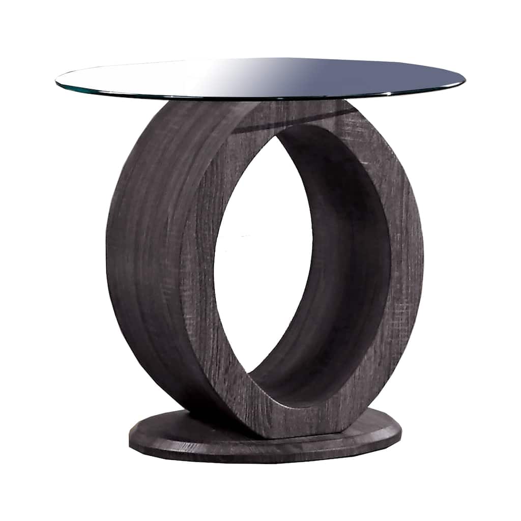 Tempered Glass Top End Table with O Shape Wooden Shape Base, Gray