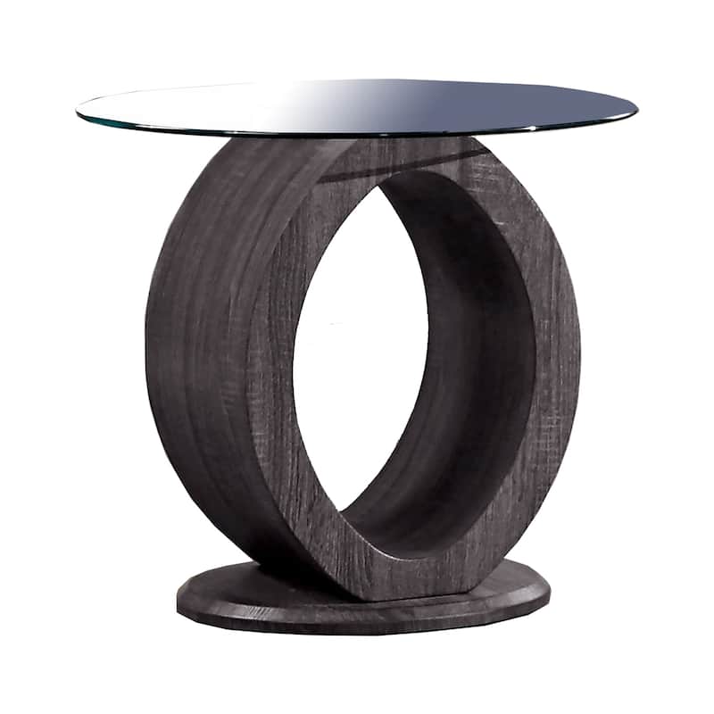 Tempered Glass Top End Table with O Shape Wooden Shape Base, Gray