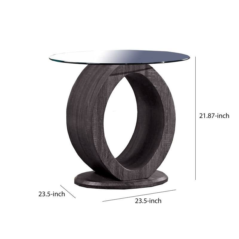 Tempered Glass Top End Table with O Shape Wooden Shape Base, Gray