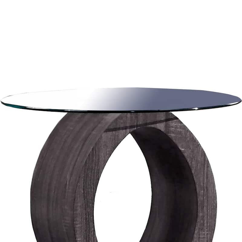 Tempered Glass Top End Table with O Shape Wooden Shape Base, Gray