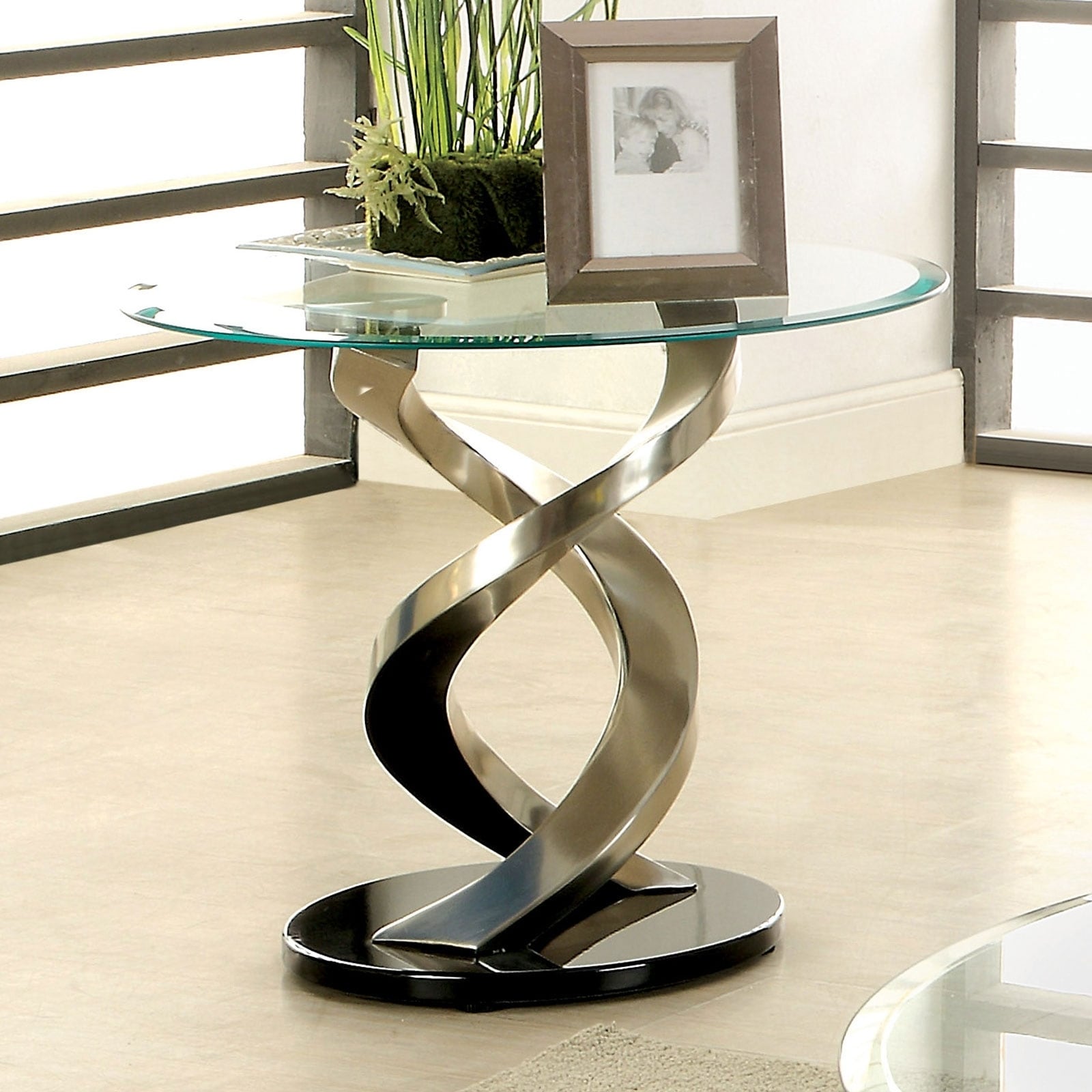 Modern Round Glass Top End Table with Twisted Metal Base, Silver and Black  On Sale 30922207