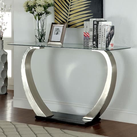 Rectangular Glass Top Sofa Table with Curved Pedestal Base, Black and Gray